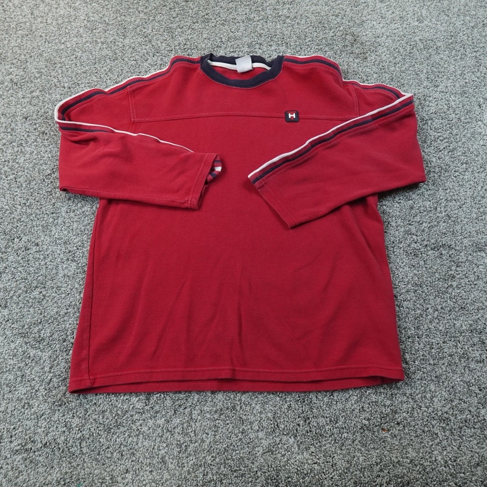 VTG Tommy Hilfiger Sweater Mens XL Red Long Sleeve Crewneck Logo Stripe Y2K 00s